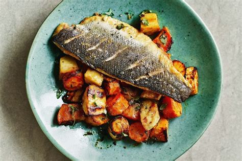 Pan Fried Sea Bass With Miso Lemon And Thyme Glazed Roasties Recipe In 2020 Food Recipes