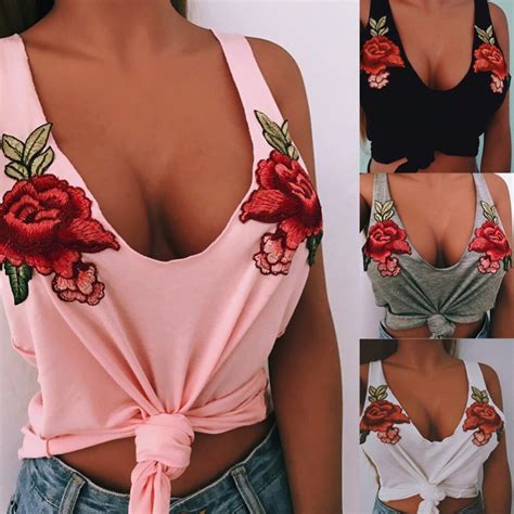 4 Color Fashion Sexy Tank Top Women Cotton Embroidery Floral Patch Vest
