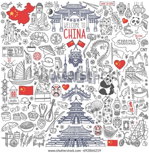 China Traditional Symbols Food Landmarks Doodle Stock Vector Royalty