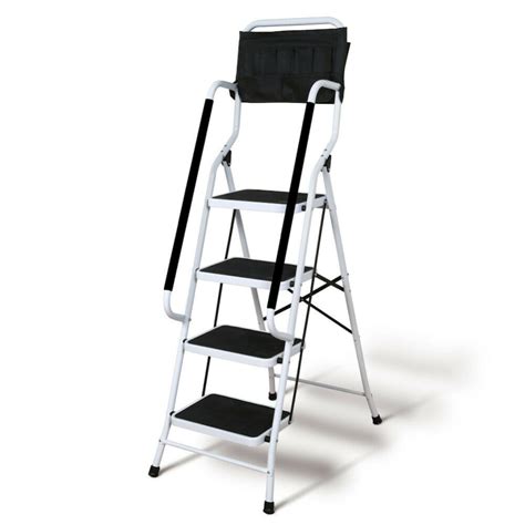Folding 4 Step Safety Ladder Padded Side Handrails With Tool Pouch