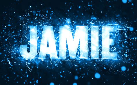 Download Wallpapers Happy Birthday Jamie K Blue Neon Lights Jamie Name Creative Jamie