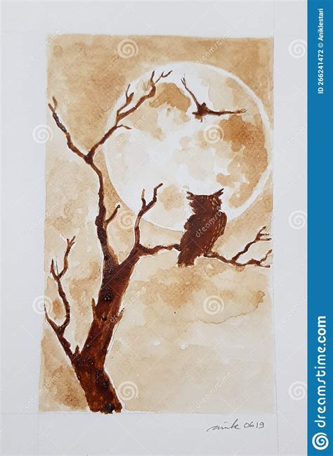 Coffee Painting Owl Shillouette And The Moon Stock Photo Image Of