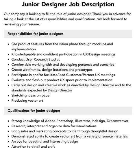 Junior Designer Job Description Velvet Jobs