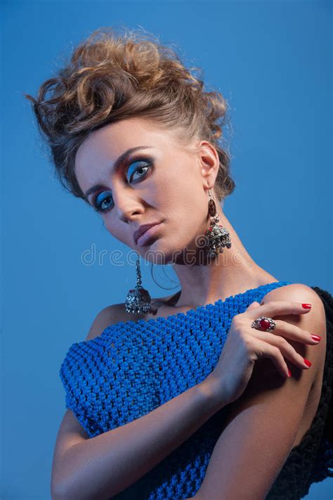 Beautiful Blonde Woman Wearing Blue Dress Stock Image Image Of