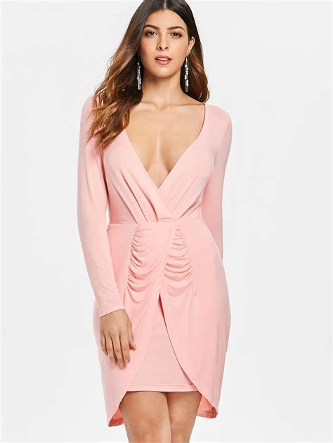 Elegant Pink Long Sleeves Women Bodycon Dress Sexy V Neck Low Cut