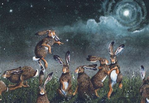 Watercolor Greeting Card Moondance Hares And Rabbits Dance In The