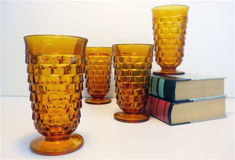 Vintage Set Of 4 Amber Glasses Whitehall Amber By Colony Large Heavy Amber Iced Tea Or Water