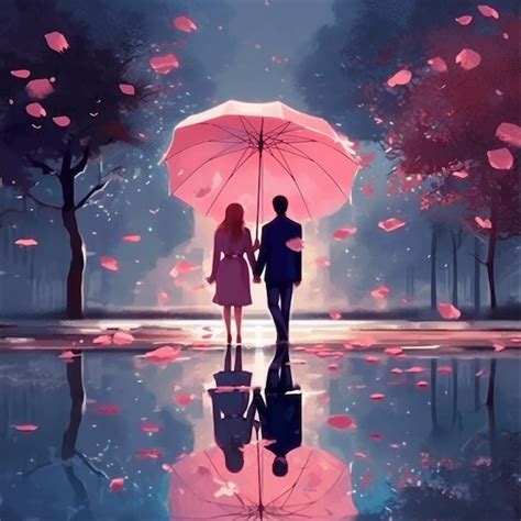 Premium Ai Image Anime Couple Walking In The Rain With Umbrellas In
