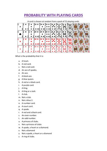 Deck of cards probability worksheet. Calculating probability with playing cards by sara-turner ...