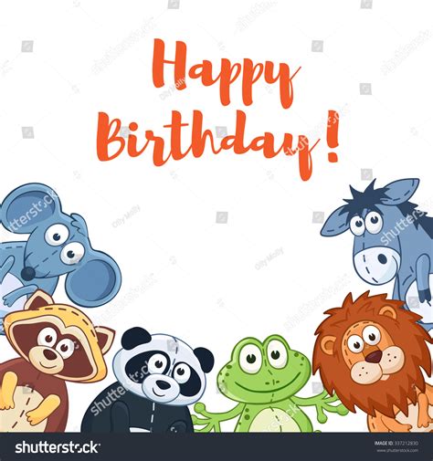 Happy Birthday Card With Cute Cartoon Animals Isolated On