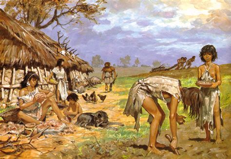 An Oil Painting Of Native People In Front Of A Hut With Thatched Roof
