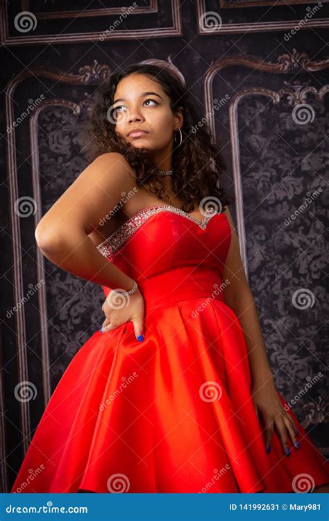 Beautiful Biracial High School Senior Wearing Red Prom Dress Stock Image Image Of Black Face
