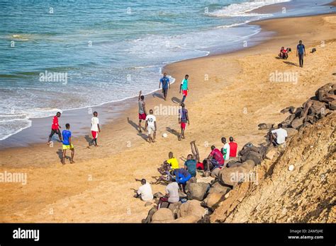 Dakar Senegal April 24 2019 Men Playing Football On The Beach Near