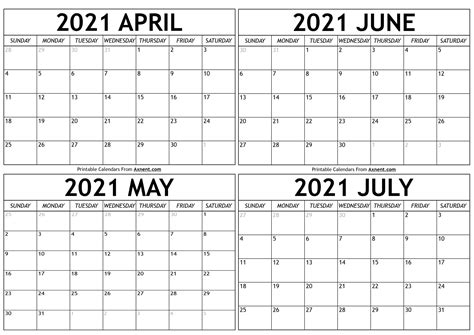 April May June 2021 Calendar Print April To July 2021 Calendar