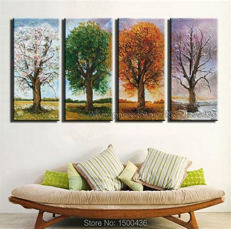 Hand Painted 4 Season Tree Oil Painting Canvas Set 4 Piece Modern Abstract Wall Art Home