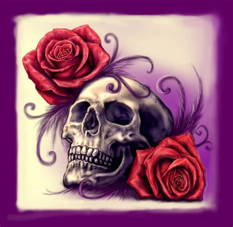 Skull Roses And Purple Feathers By Esantia On Deviantart Skull Rose
