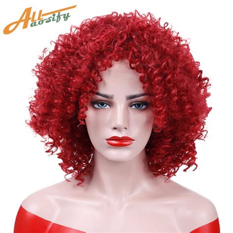 Allaosify Cut Hair Style Synthetic Burgundy Red Curly Wig Afro Kinky Curly Wigs For Women