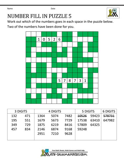 Number Fill In Puzzle Printable