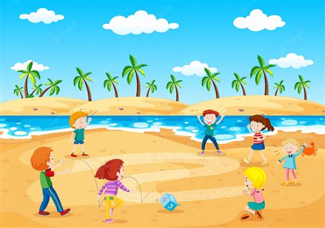 Premium Vector Children Playing Next To The Beach