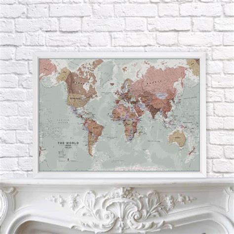 Medium Executive World Wall Map Political Pinboard And Wood Frame White