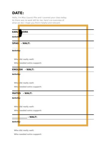 Supply Teacher Handover Sheet Teaching Resources