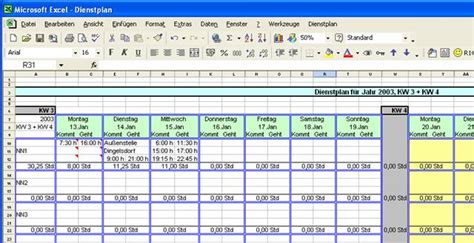Die kopfzeile, in der die. Excel Dienstplan:Funktionen