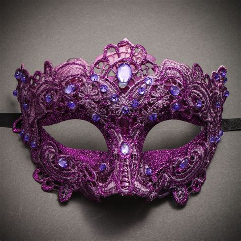 Lace Masquerade Mask Venetian Brocade Purple Crystals Purple