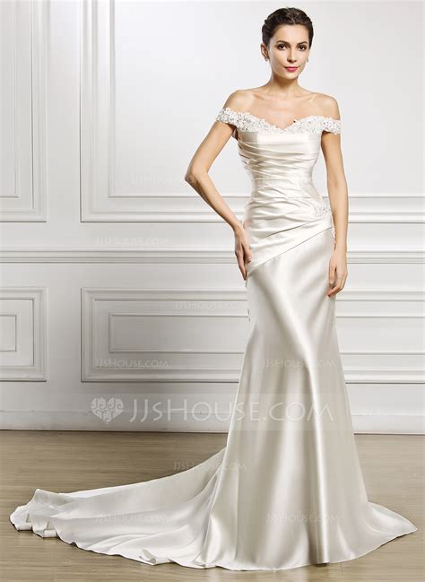 Trumpetmermaid Off The Shoulder Court Train Satin Wedding Dress With