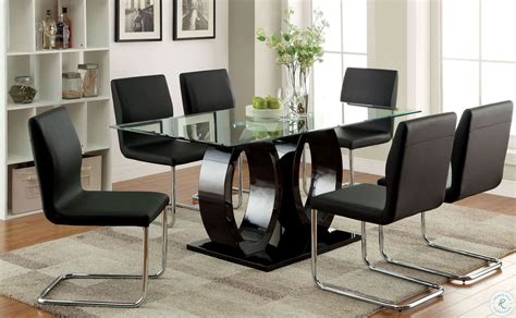 Lodia I Black Glass Top Rectangular Pedestal Dining Room Set