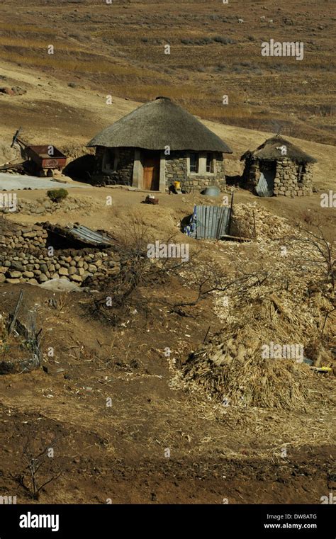 Traditional Stone Packed Basotho House Rural Lesotho With Fodder Of