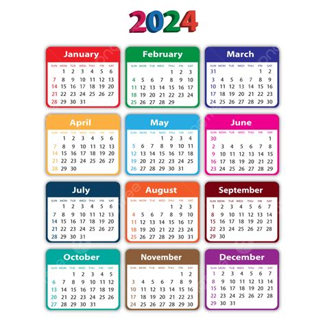 Calendario 2024 En Varios Colores Vector Png Dibujos 2023 Calendario Multicolor Calendario