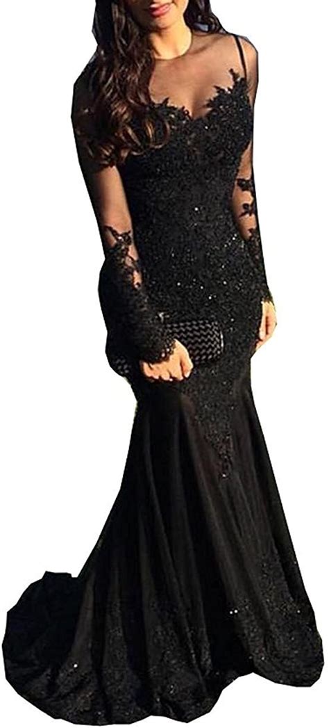Nina Ding Long Sleeve Black Mermaid Prom Dresses Sequins Lace Formal