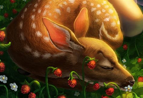 Sleeping Deer Among Strawberries Flower Deer Art Red Sleep