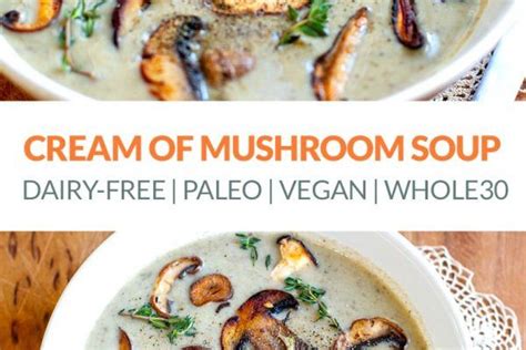 Two Bowls Of Cream Of Mushroom Soup On Top Of A Wooden Table With The