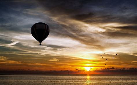 Zeppelin Air Balloon Landscapes Sunset Sky Clouds Birds Nature Sea Beauty Boats