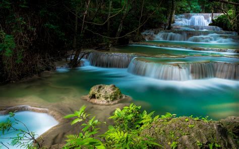Landscape Nature Blue Waterfall Tropical Forest Shrubs Water