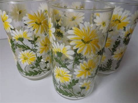 Vintage Daisy Glass Tumblers Libbey Glassware Drinking Glasses Set Of Four Glass Tumblers