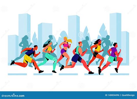 City Marathon Vector Flat Illustration Running Colorful People Against