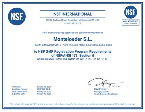 Monteloeder Sl Earns Nsf Internationals Good Manufacturing Practice