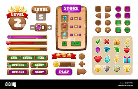 Game Ui Asset Cartoon Wooden Menu Interface Elements Buttons Icons