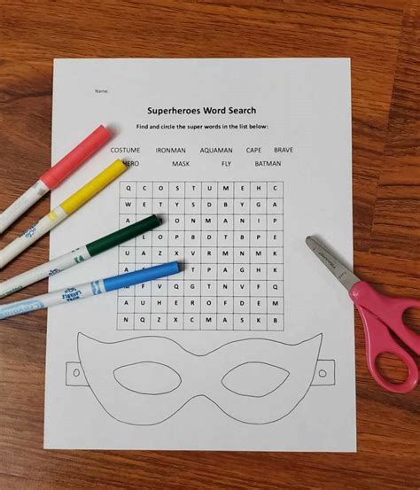 Super Hero Word Search And Mask Kids Activity Coloring Sheet