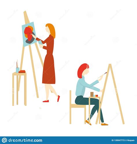 Women Are Painting On Easel Stock Vector Illustration Of Minimalism