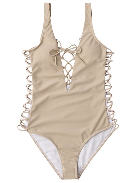 Lace Up Plunging Neck Swimsuit Complexion M On Luulla