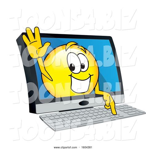 Vector Illustration Of A Cartoon Smiley Mascot Emerging From A Computer