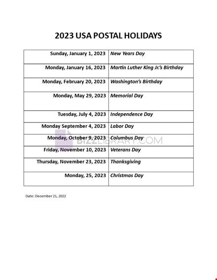 Postal Holidays 2023 Usa