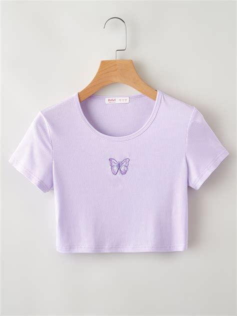 Butterfly Embroidery Ribbed Crop Tee Romwe Usa In 2021 Girls