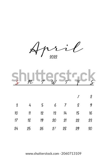 2022 April Month Calendar Template Minimalistic Stock Illustration