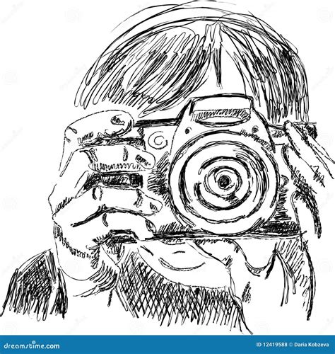 Sketch Of Fotographer With Camera Stock Vector Illustration Of Focus