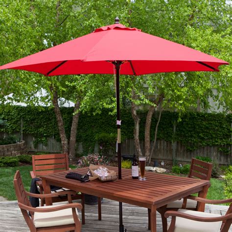 Outdoor 9 Ft Wood Patio Umbrella With Red Canopy Shade