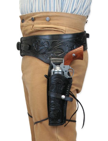 4445 Cal Western Gun Belt And Holster Double Black Tooled Leather